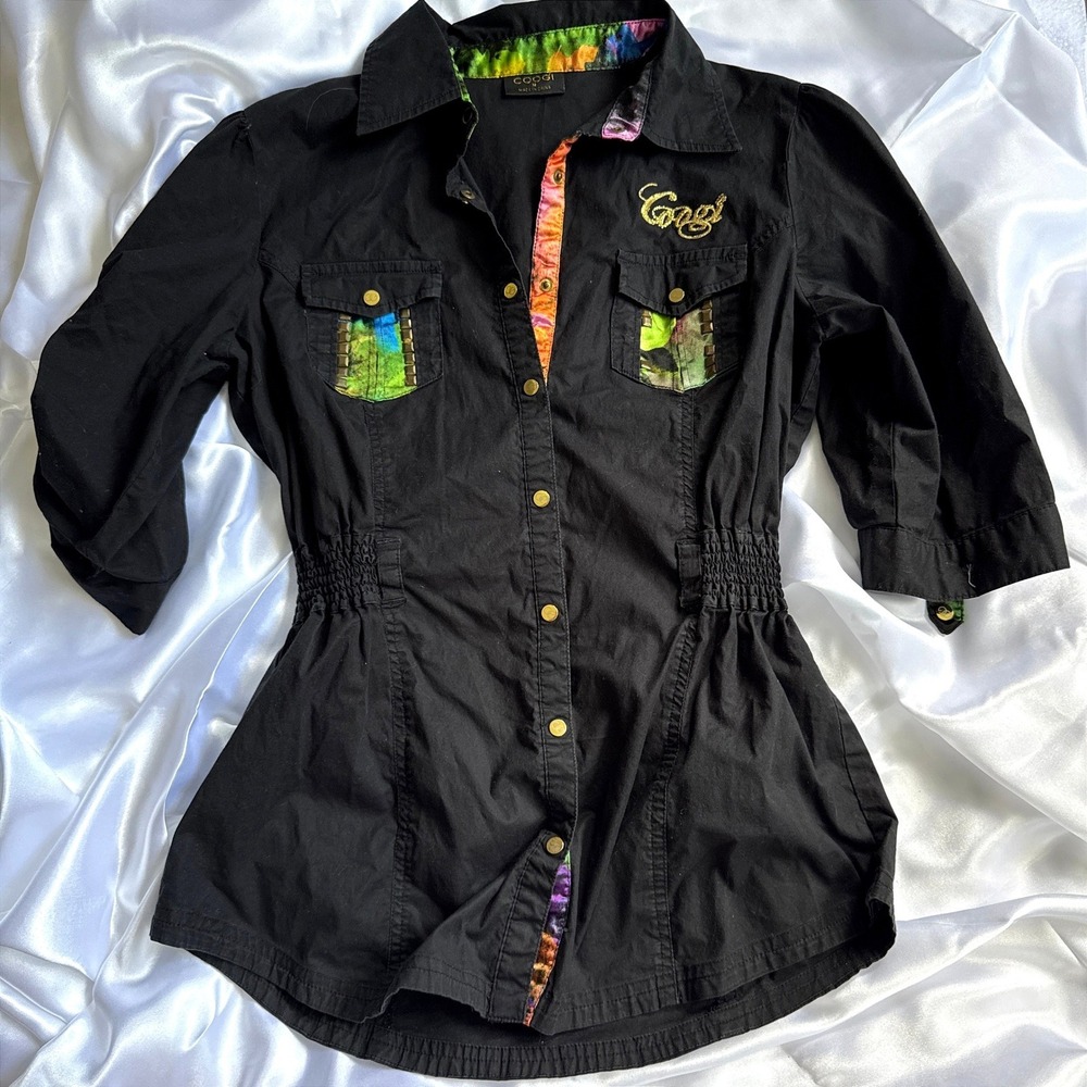 COOGI Womens Black Button Down Shirt Multi Color Trim Studded Smocked Waist M